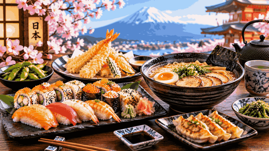 Japanese food with sushi ramen dumplings and traditional dishes