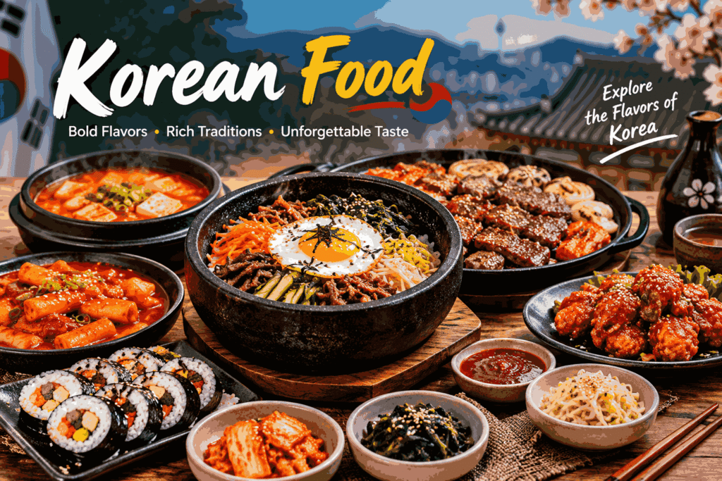 Korean food with bibimbap, kimchi, Korean BBQ and traditional dishes